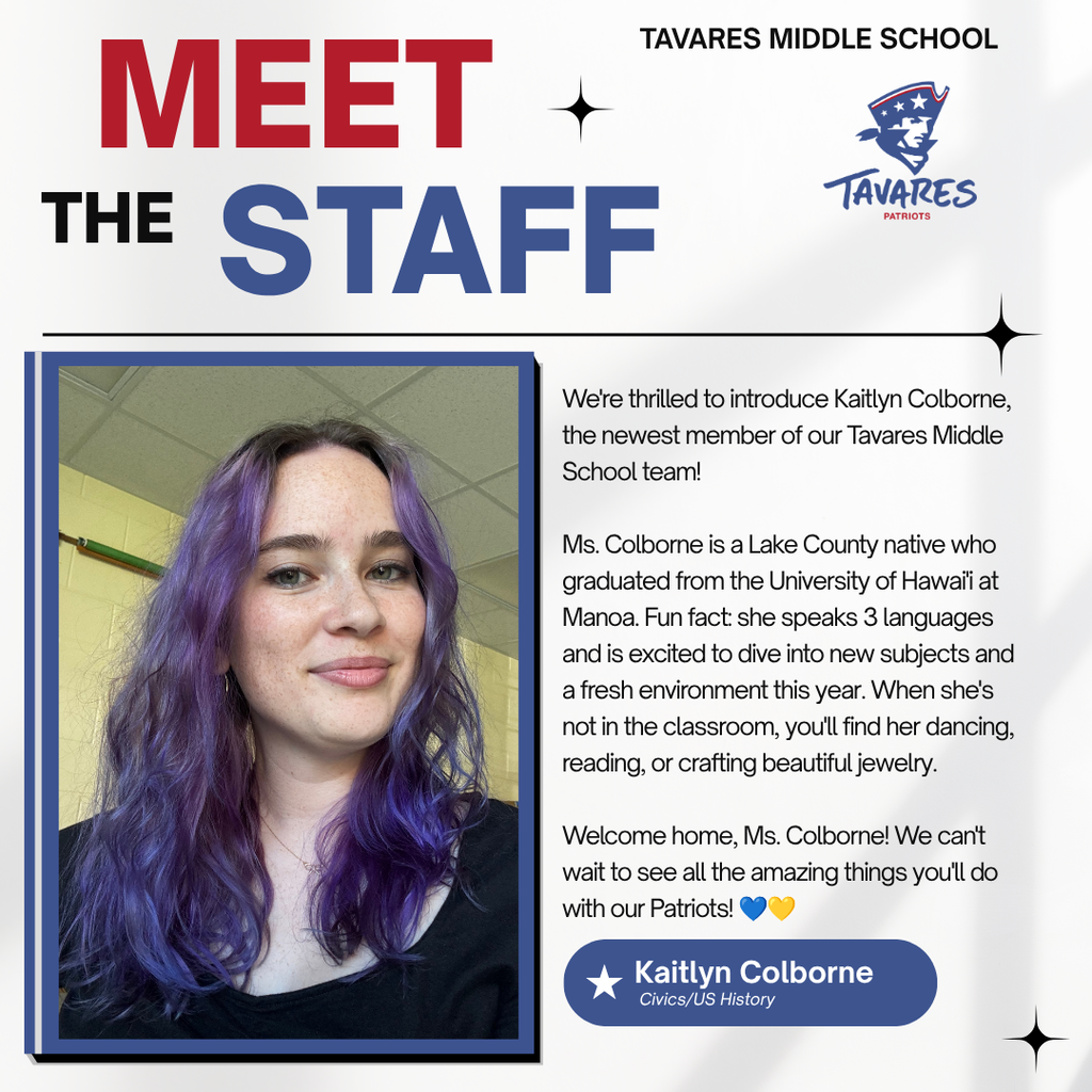 A poster displays "Meet the Staff" with a staff member's photo and text introducing her. The staff member has purple hair and wears a black top.