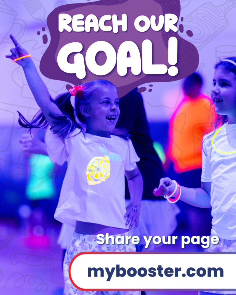 Two girls in a dance studio, one smiling and raising her hand, the other holding her hand. Text says "Reach our goal!" with a link to boosterthon at MyBooster.com