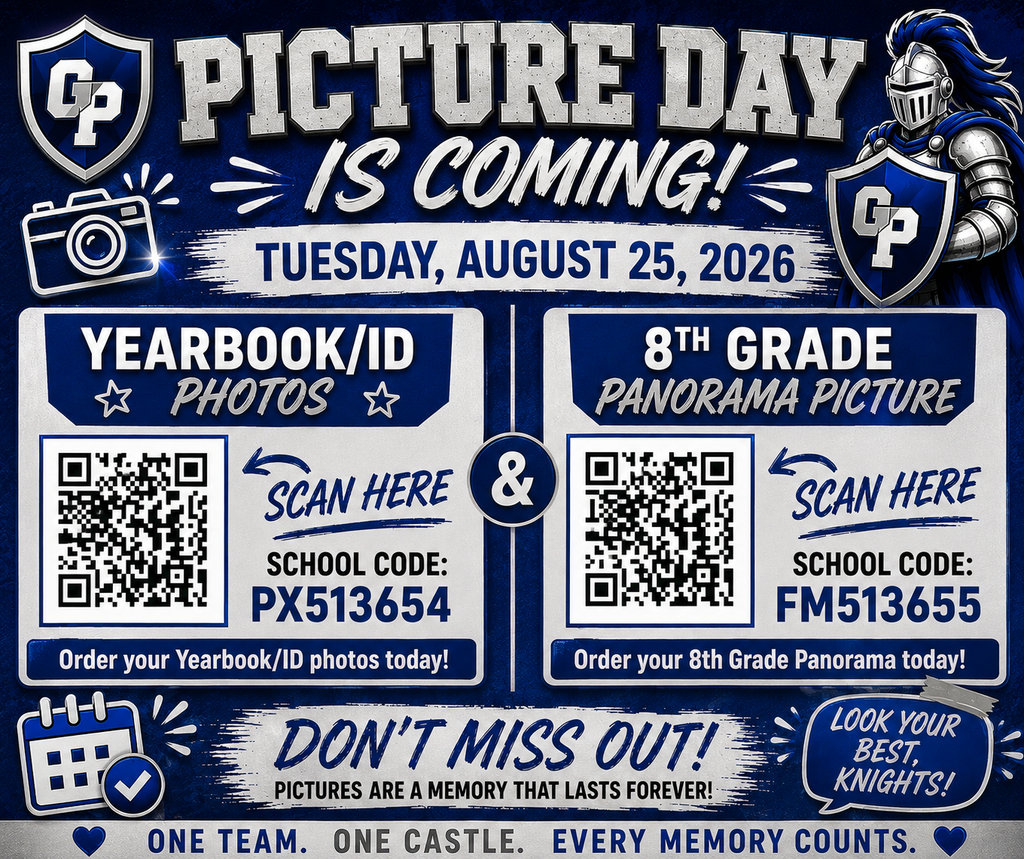 A flyer for Picture Day on August 25, 2026, includes QR codes and school codes for yearbook/ID photos and 8th-grade panorama pictures.