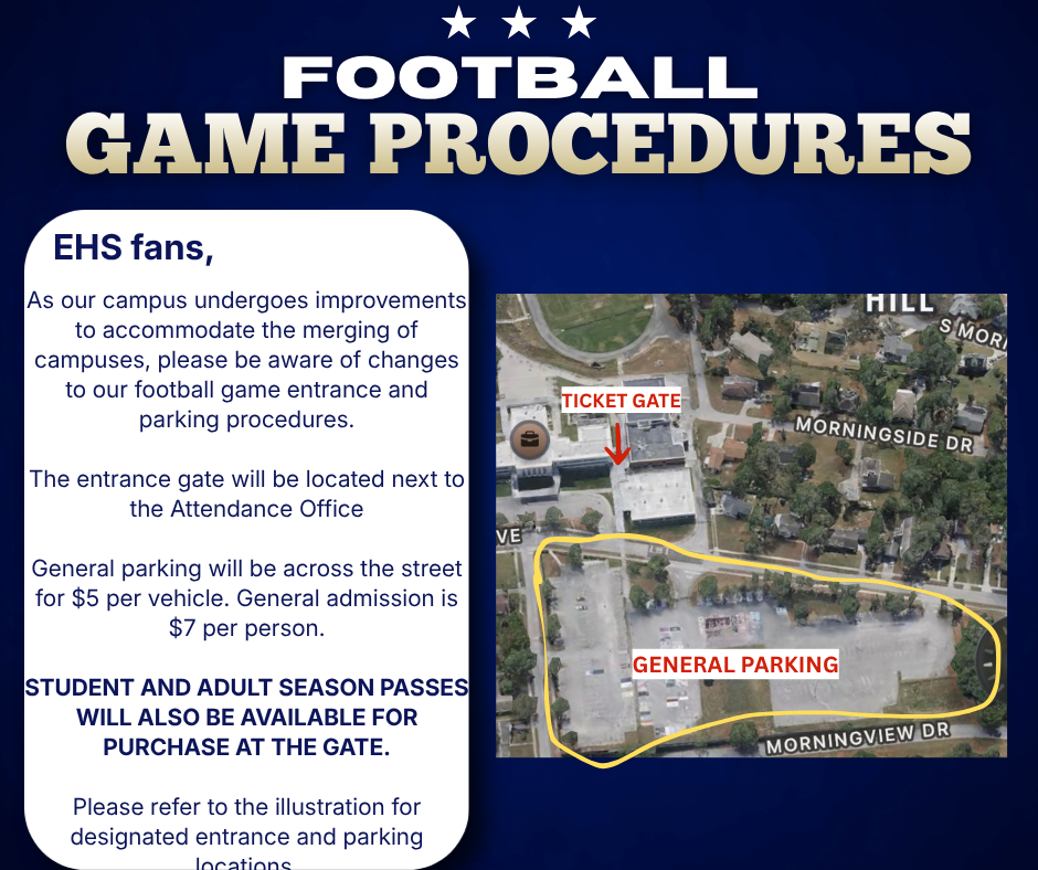 An informational poster about football game procedures. It includes a map of the area with labeled ticket gate and general parking.