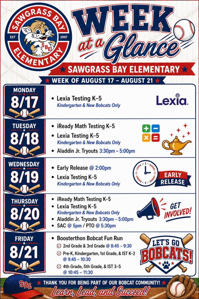 Sawgrass Bay Elementary “Week at a Glance” graphic for August 17–21 featuring the school’s Bobcat logo and red, white, and navy baseball theme. The schedule includes Lexia testing K–5 on Monday through Thursday, with Kindergarten and new Bobcats noted; iReady Math testing K–5 on Tuesday and Thursday; Aladdin Jr. tryouts Tuesday and Thursday from 3:30–5:00 PM; early release at 2:00 PM on Wednesday; and SAC at 5:00 PM and PTO at 5:30 PM on Thursday. Friday features the Boosterthon Bobcat Fun Run: 2nd and 3rd grade from 8:45–9:30 AM, Pre-K through 1st grade and IST K–2 from 9:45–10:30 AM, and 4th and 5th grade and IST 3–5 from 10:45–11:30 AM. The graphic closes with “Thank You for Being Part of Our Bobcat Community! Learn, Lead, and Succeed!”