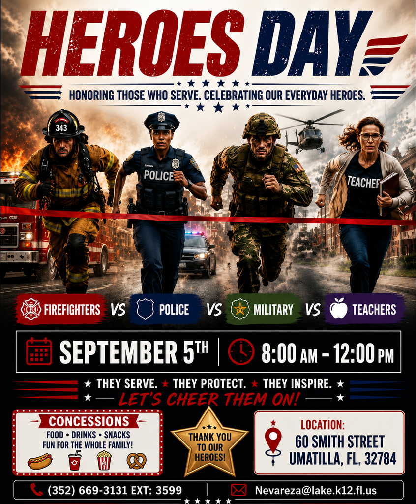 Event poster showing firefighters, police, military, and teachers running. Date: September 5th, Time: 8:00 AM - 12:00 PM. Location: 60 Smith Street, Umatilla, FL 32784.