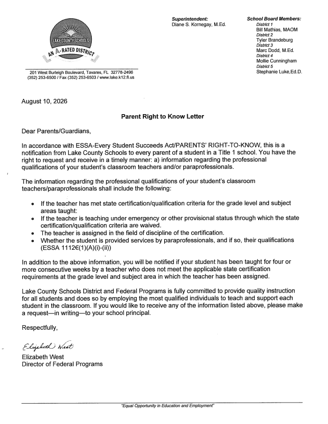 Formal document with title "Parent Right to Know Letter" dated August 10, 2020. Lists school board members and includes information on teacher qualifications and state certifications.