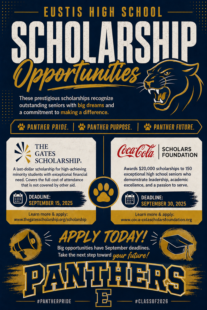 An educational poster for Eustis High School Scholarship Opportunities. It features a black panther and paw prints.