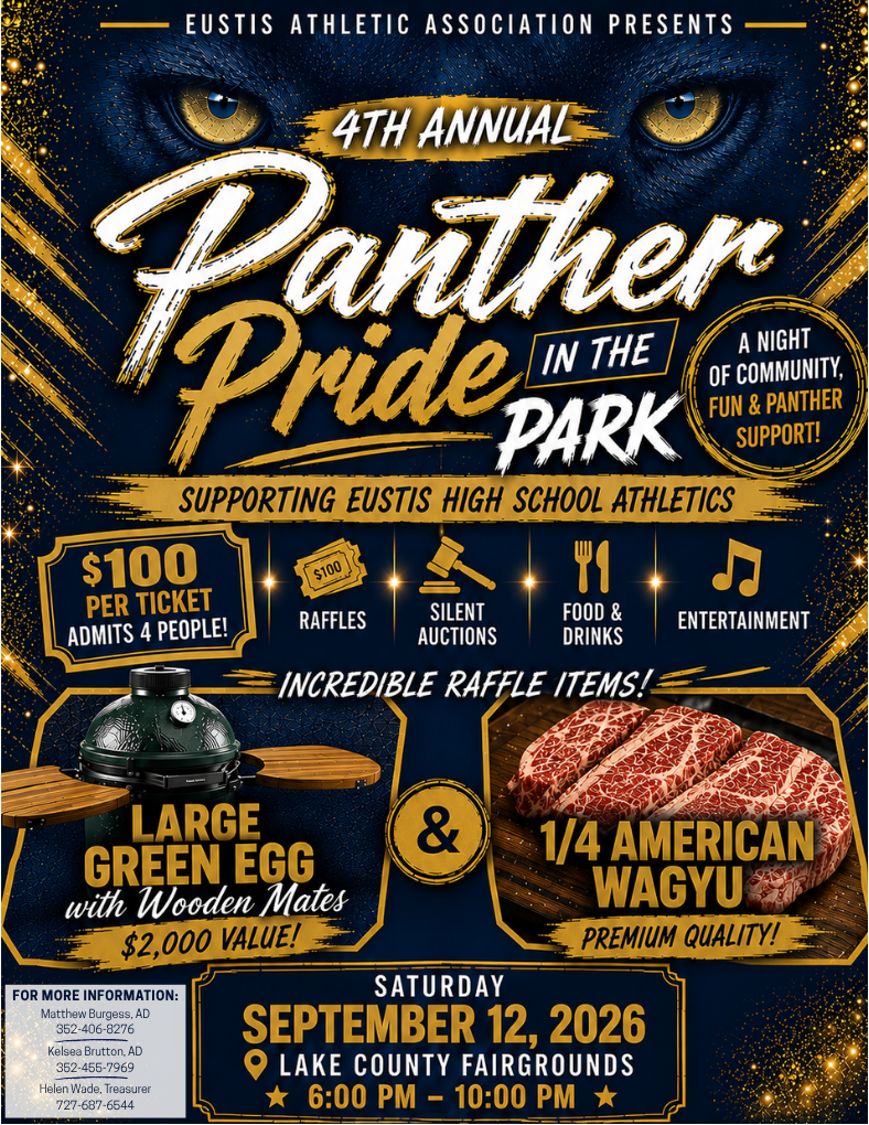 Event poster with blue background and gold accents. It says "Panther Pride in the Park" and details about the 4th Annual event.