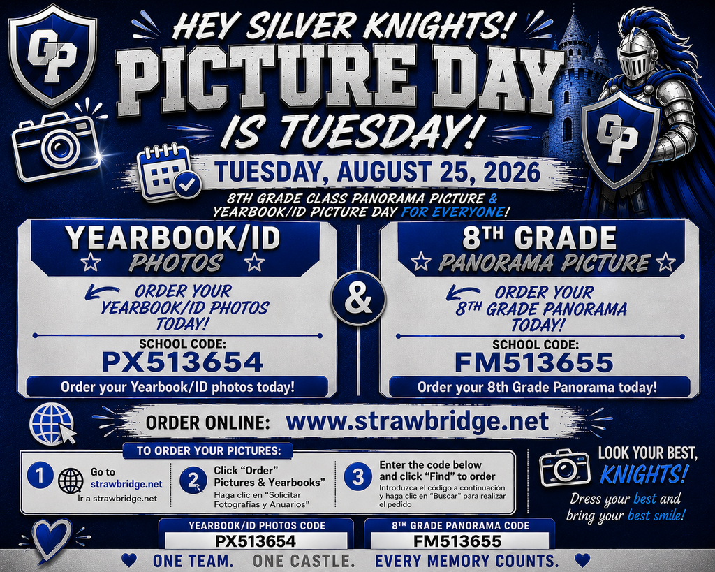Graphic promoting Oak Park Middle School Picture Day on Tuesday, August 25, 2026. The royal blue, silver, white, and black design features a Silver Knight, castle, school shields, camera, and calendar graphics. The flyer announces Yearbook/ID Picture Day for everyone and the 8th Grade Class Panorama Picture. Families can order pictures online at www.strawbridge.net. The Yearbook/ID photo school code is PX513654, and the 8th Grade Panorama code is FM513655. Ordering instructions direct families to select “Order Pictures & Yearbooks” and enter the appropriate code. The graphic reminds students to look their best and bring their best smile. The bottom reads, “One Team. One Castle. Every Memory Counts.”