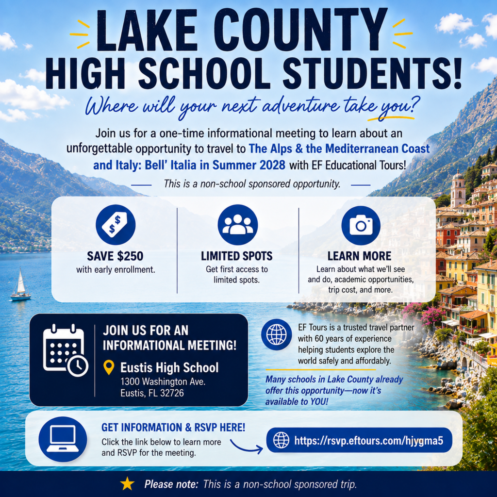 Advertisement for a Lake County High School trip to the Alps and the Mediterranean Coast in Italy.