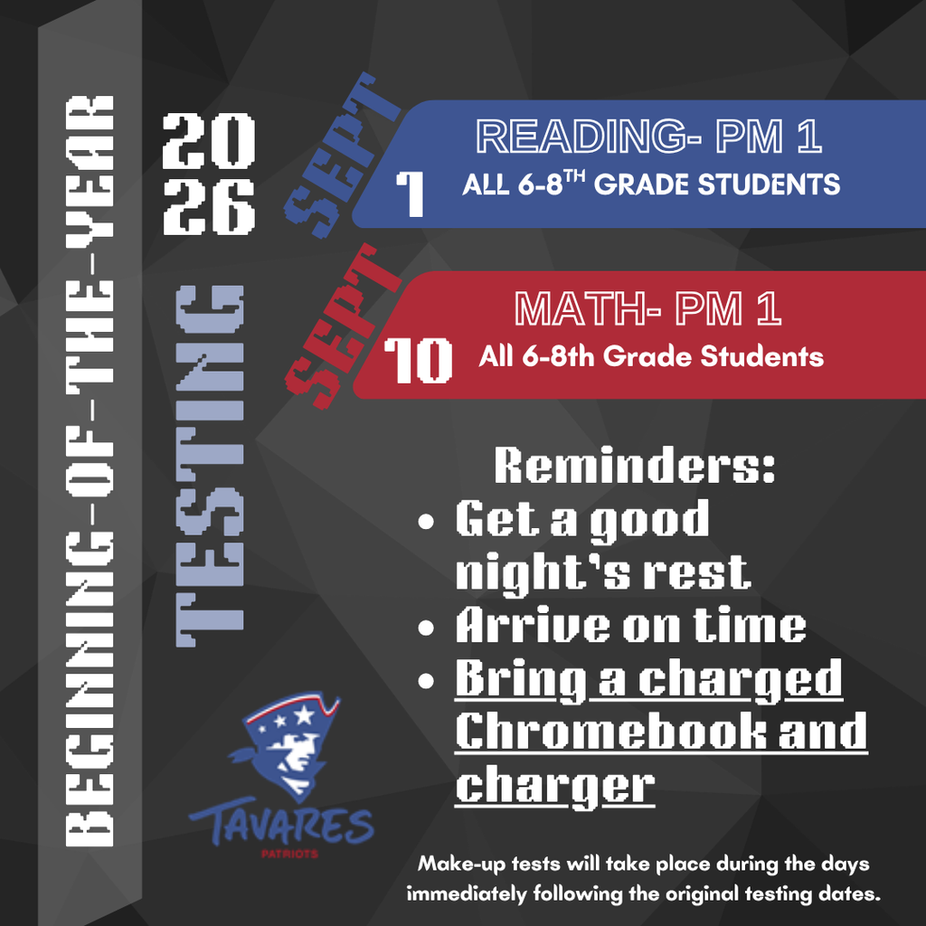 A dark background with bold text announcing reading and math tests on September 26 and 10.