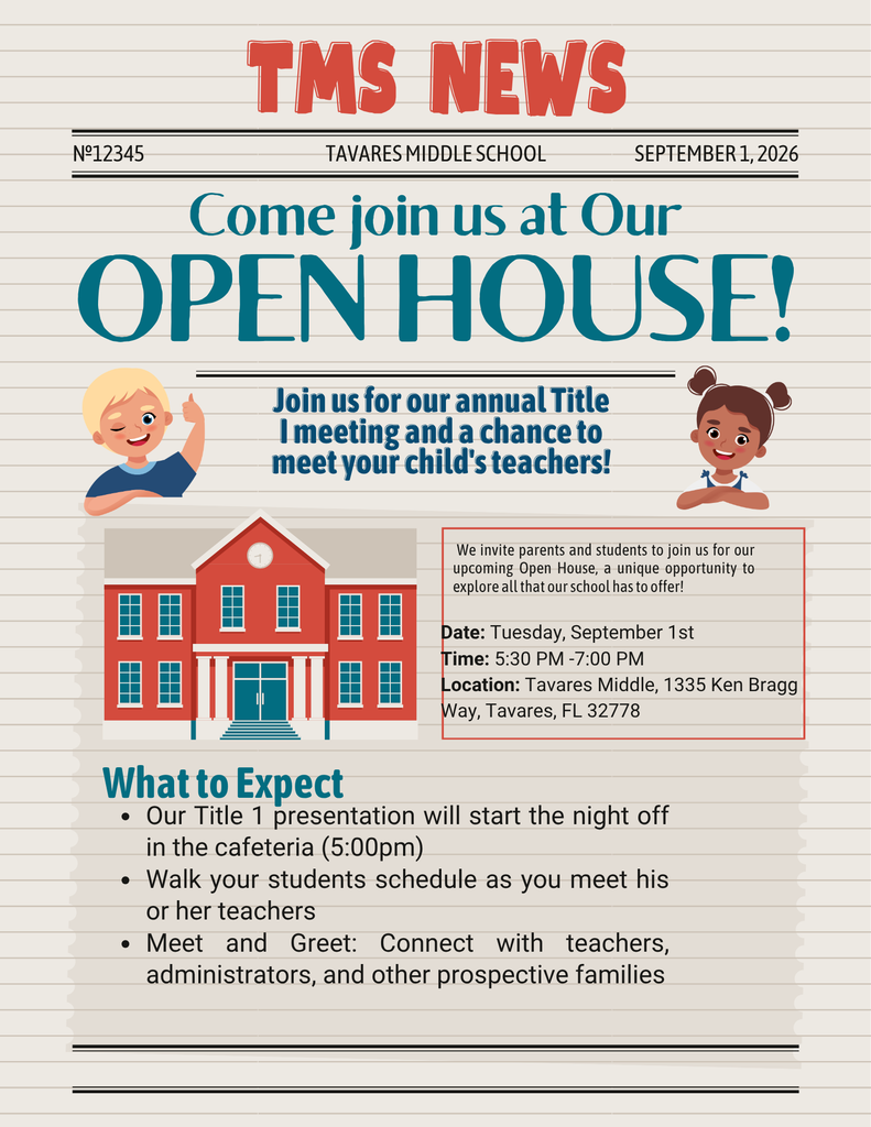 A flyer for Tavarez Middle School's open house event, featuring children, a school building, and details about the event.