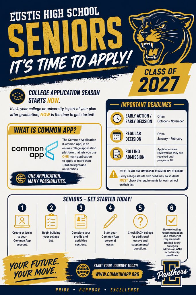 Text: "Eustis High School Seniors, it's time to apply! Class of 2027." It has a lion's head and paws in the top right corner.