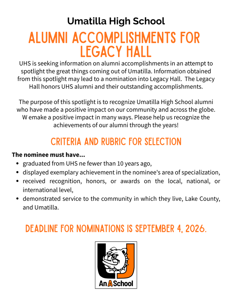 Document with "Umatilla High School" at the top. Text reads, "Alumni Accomplishments for Legacy Hall." Below is a description of nomination criteria and a deadline.