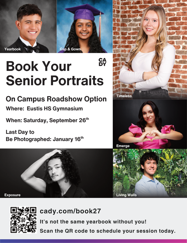 A poster invites seniors to book portraits. It shows five diverse poses, a QR code, and details: book by January 16, and shoot on campus.