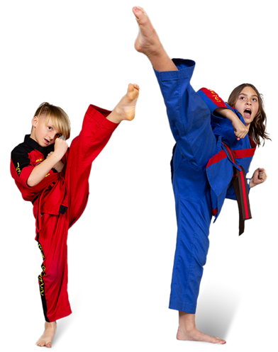 Two kids in martial arts uniforms, one in red, the other in blue, performing kicks in a black background.