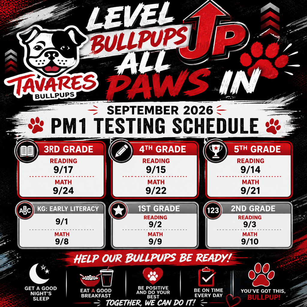 Schedule poster for PM1 testing in September 2026. Includes date and subjects for grades 3 to 5.
