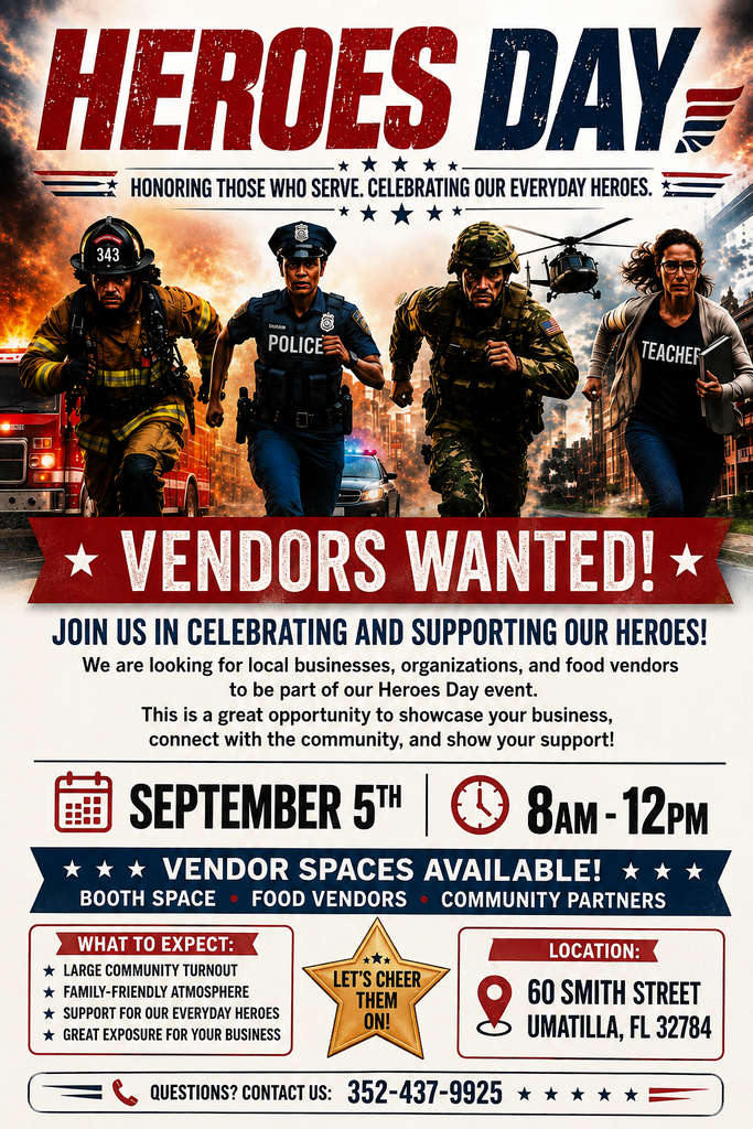 A flyer for Heroes Day with firefighters, police, military, and teachers. It invites vendors to join and highlights the event on September 5th from 8 am to 12 pm.