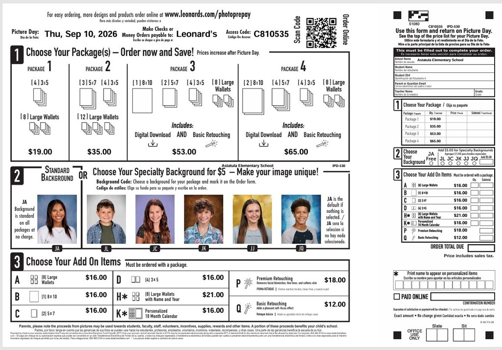 A multi-page document contains form templates with options and prices for customization. Each form has a header with the date and a unique identifier.