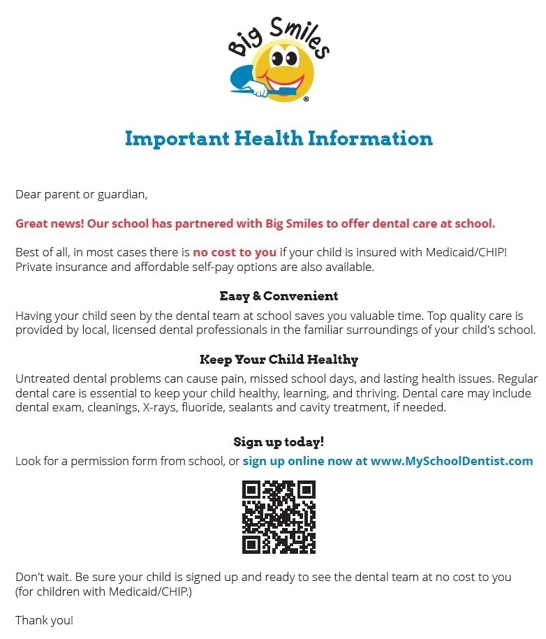 Text on a white background reads "Important Health Information" with a smiling face. A QR code and details about dental care at school follow.