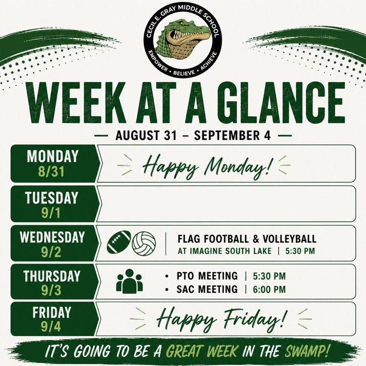 flag football & volleyball at Imagine SL 5:30pm Wednesday. PTO & SAC meeting 5:30pm Thursday 