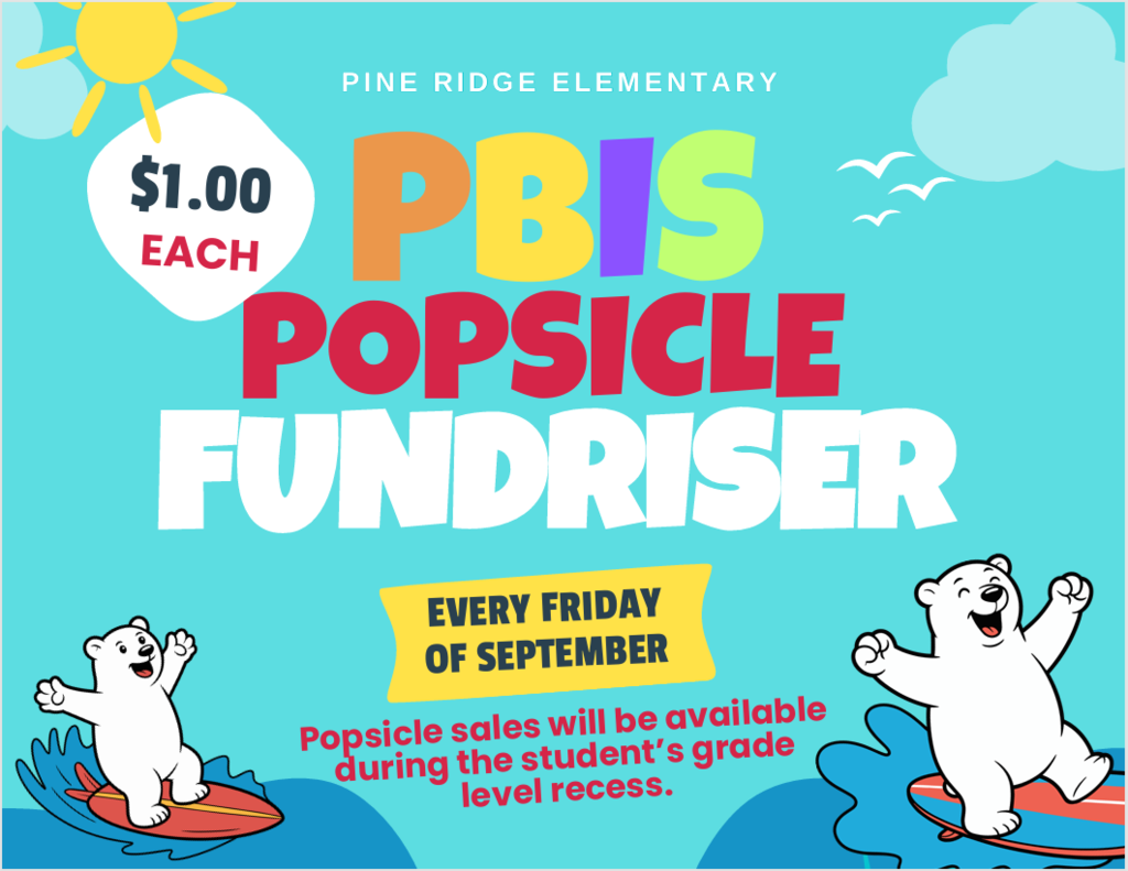 Flyer with "PBIS Popsicle Fundraiser" text, two polar bears on surfboards, price tag, and text about the event dates.