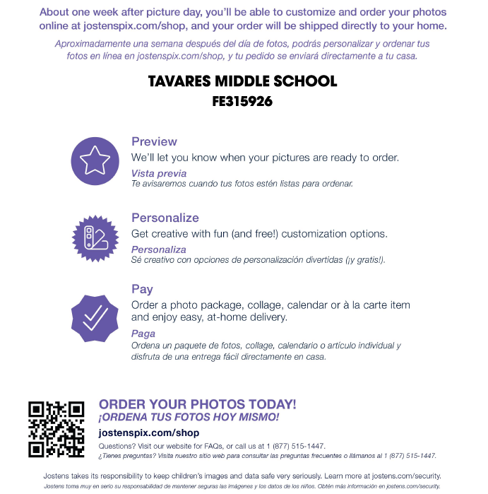 An advertisement for photo services includes customization options, personalization, ordering packages, and a QR code for more information.