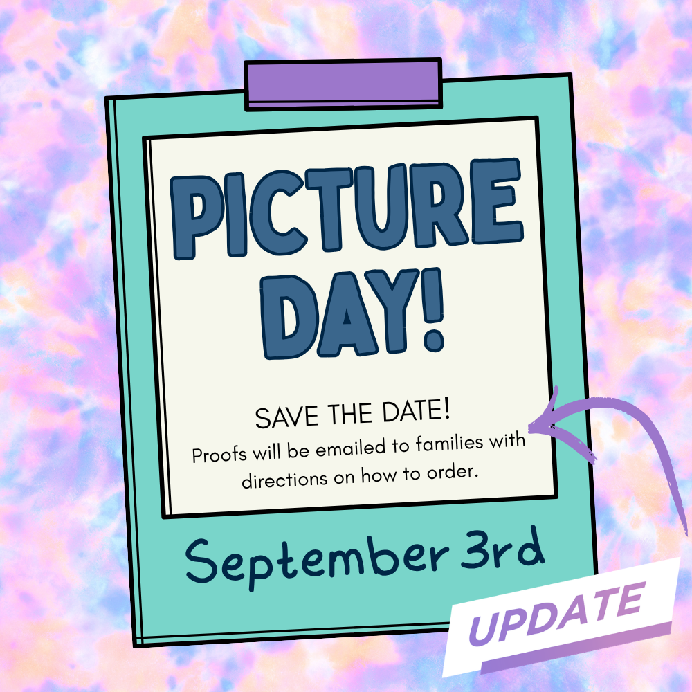 A bulletin board displays a sign with "PICTURE DAY!" in blue. It reads "SAVE THE DATE!" with "September 3rd" and a note about emailed proofs. A purple arrow points to the right.