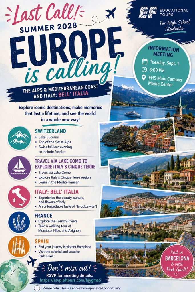 Advertisement for a Summer 2028 Europe trip. Features Alps, Mediterranean, Italy, Switzerland, France, and Spain. Backgrounds include mountains, coasts, and cities.