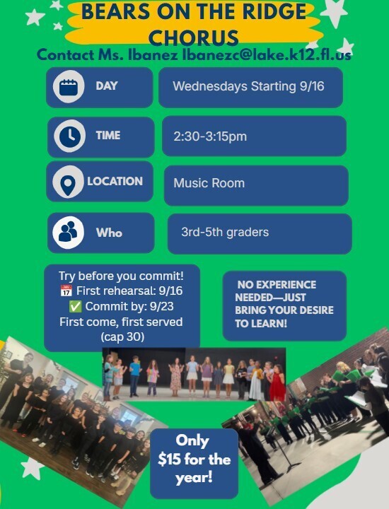 Event poster with green and blue background. Text reads "Bears on the Ridge Chorus" and details for rehearsals and location.