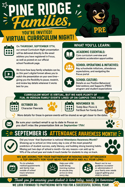 An infographic with a green and white color scheme includes text and illustrations about curriculum night, virtual events, and attendance awareness month.