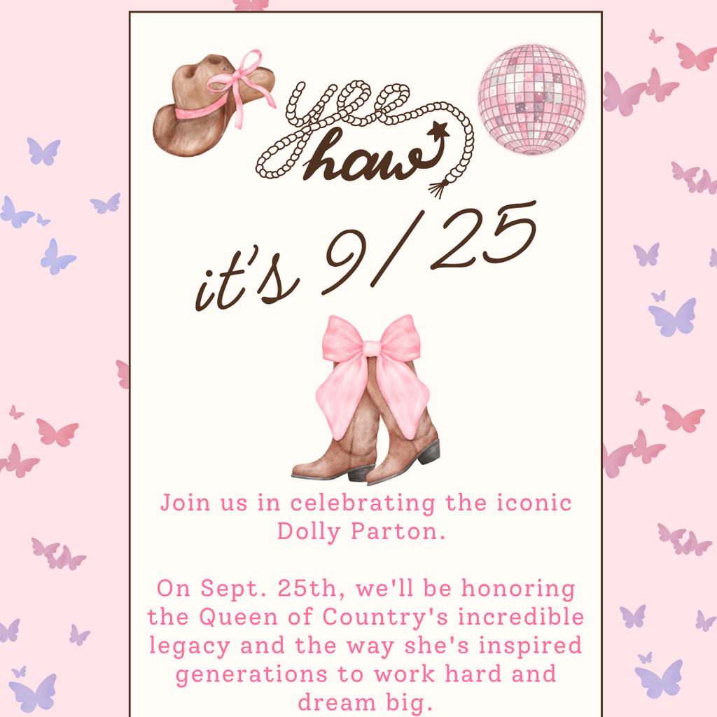 Invitation for a celebration event on September 25th. Features a cowboy hat, boots, and disco ball. Background has pink butterflies.