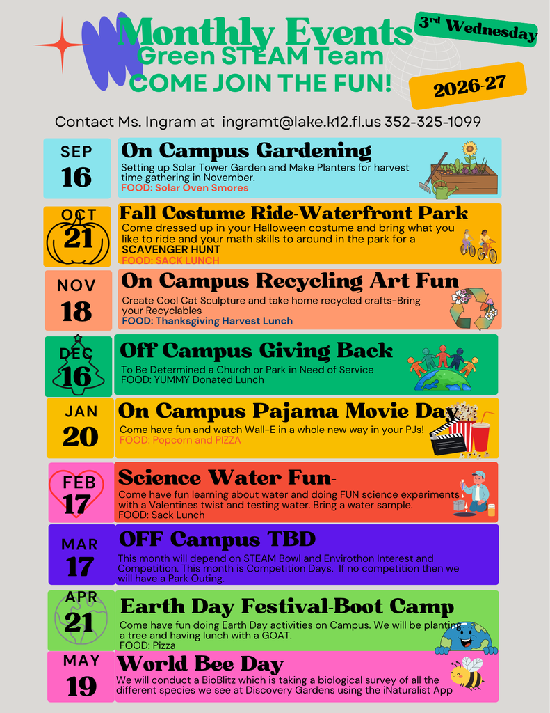 A colorful monthly events poster featuring dates and descriptions for activities such as gardening and art fun.