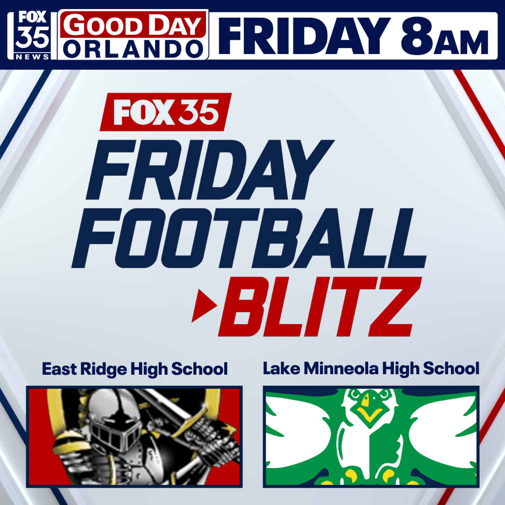 Poster with red, white, and blue background. Text reads "FOX 35 FRIDAY 8AM GOOD DAY ORLANDO" and "FRIDAY FOOTBALL BLITZ." Logos of two high schools are shown.