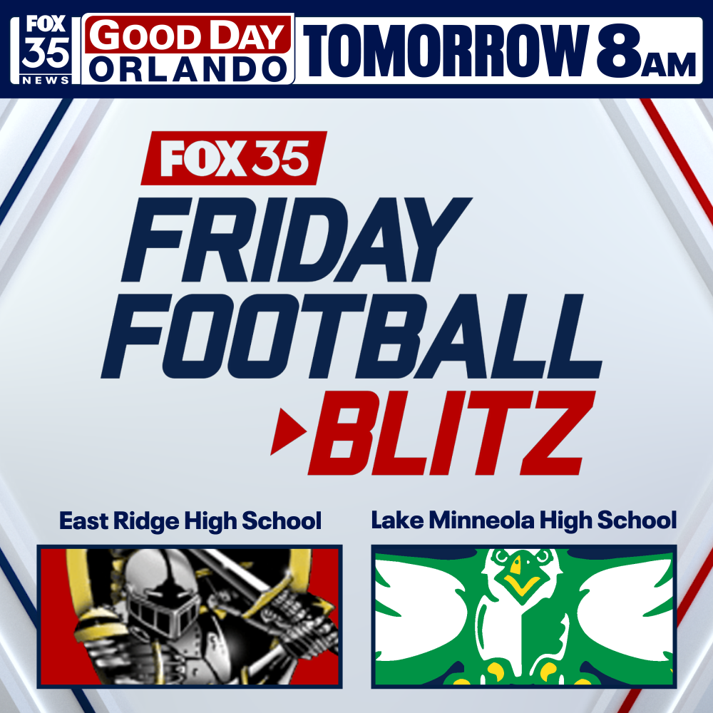 Advertisement for Friday Football Blitz featuring two high school teams. Top text reads: "Fox 35 Friday Football Blitz." Logos of East Ridge High School and Lake Minneola High School.