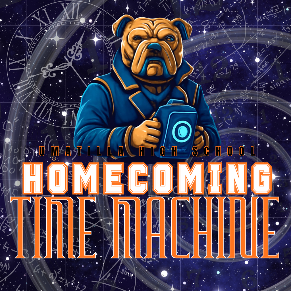 A poster features a cartoon bulldog in a blue jacket holding a glowing blue box. Background shows clocks and stars. Text reads "Homecoming Time Machine."