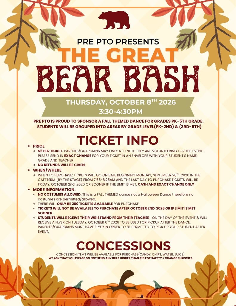 A poster features text and illustrations of leaves and pumpkins. Text includes "The Great Bear Bash" and ticket info.