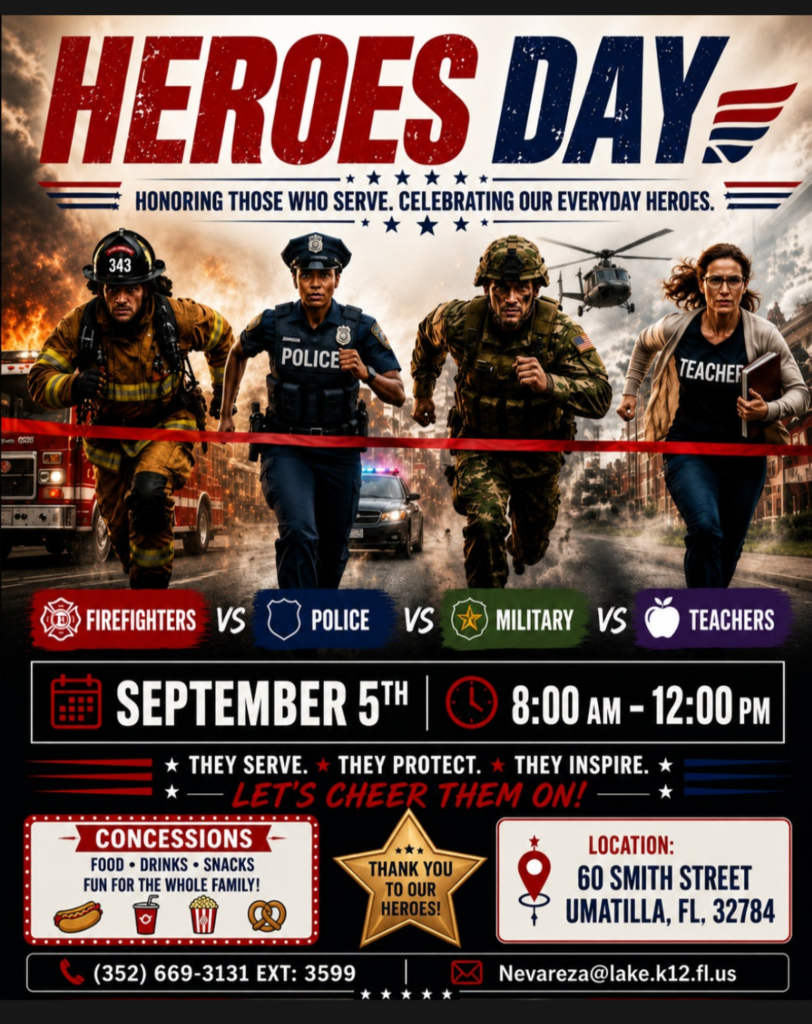 Flyers feature people running, including a firefighter, police officer, military person, and teacher. Event details are at the bottom.
