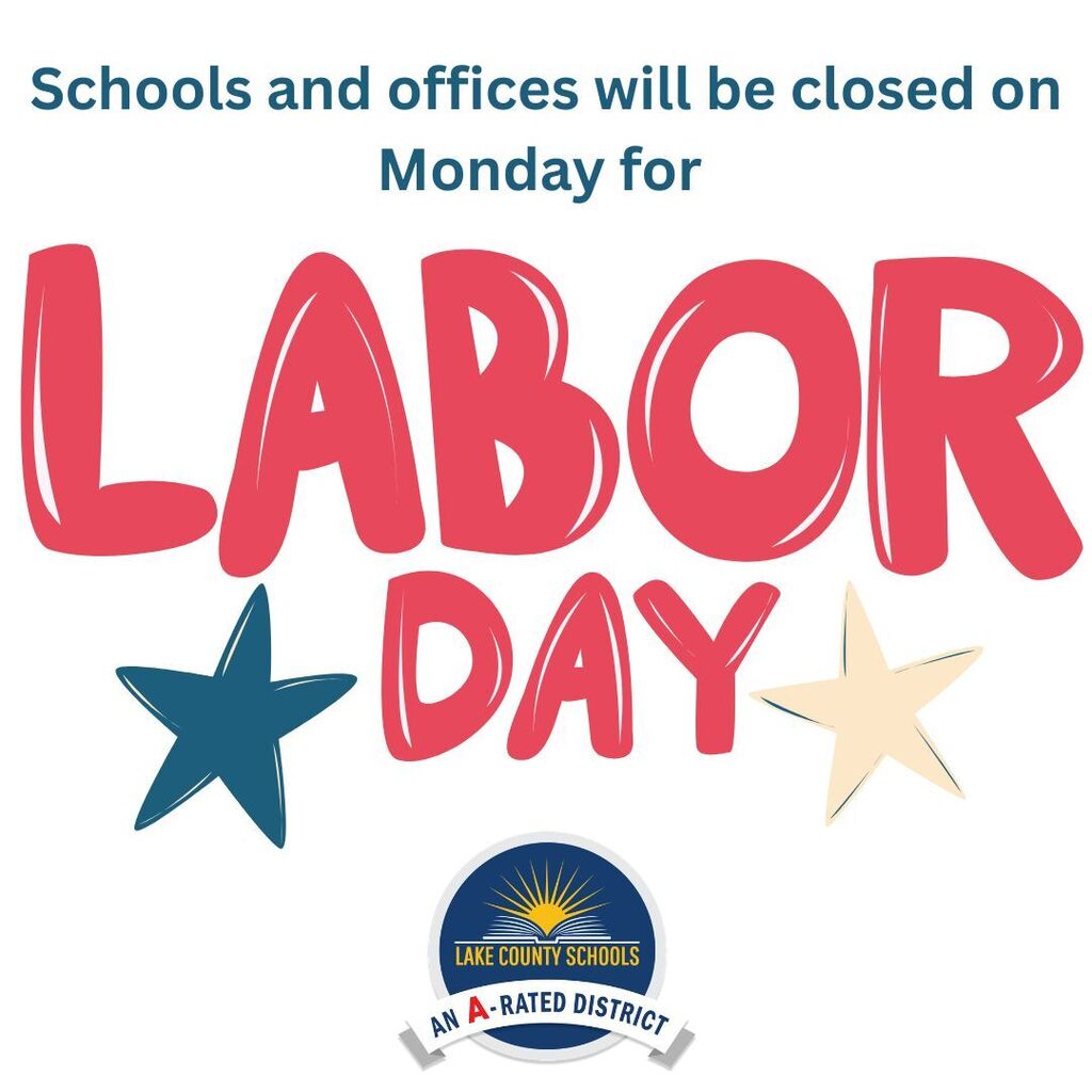 An announcement reads: "Schools and offices will be closed on Monday for Labor Day." Three stars in various colors adorn the graphic.