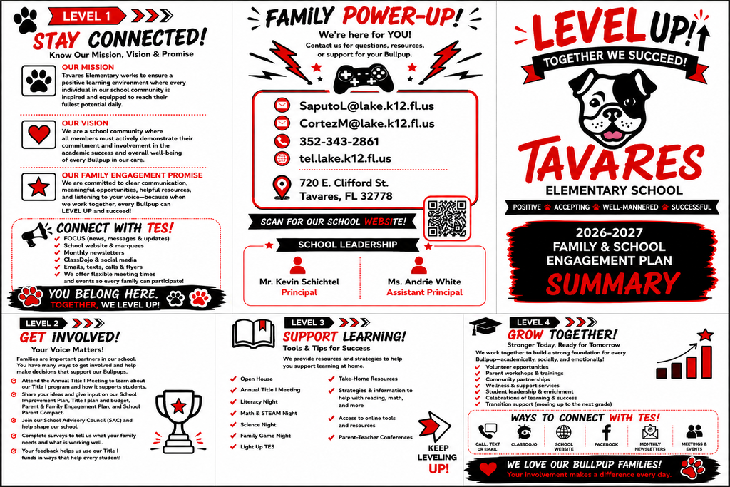 A brochure for Tavares Elementary School, featuring sections titled "Stay Connected!" and "Level Up!" with icons, phone numbers, and contact information.