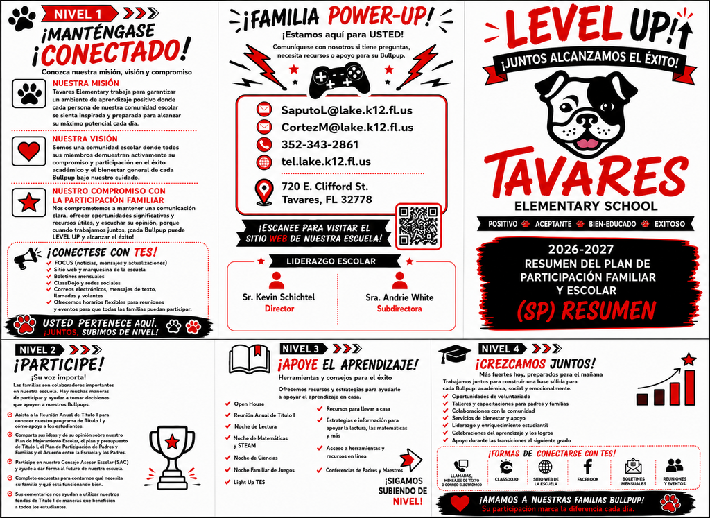 A colorful school flyer with icons, text, and a dog logo. Text includes "Level Up!" and "Tavares Elementary School."