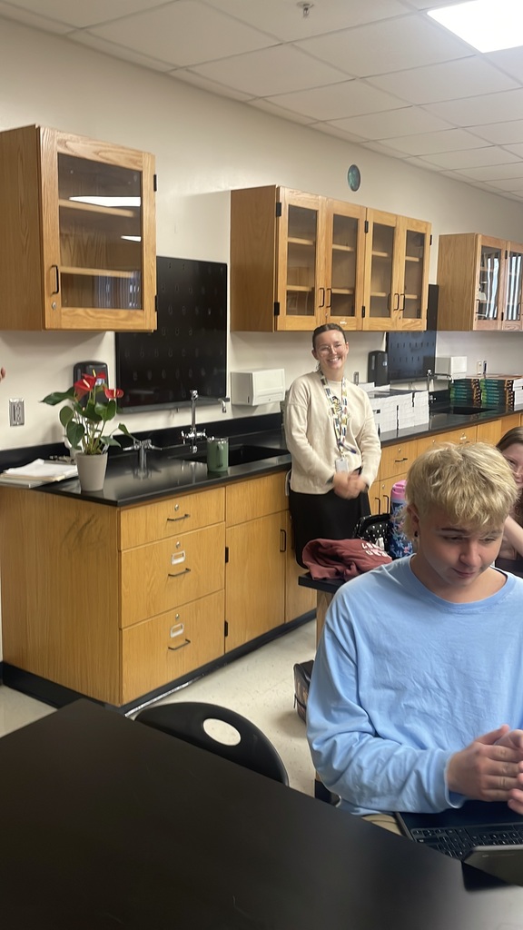 A classroom with a student at a table using a laptop, a woman standing near a cabinet, and another student in front of a counter with a potted flower.