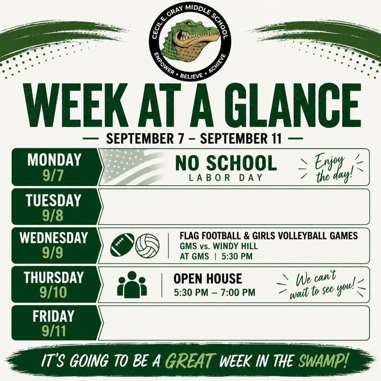 no school monday, football/volleyball game at GMS 5:30pm on Wednesday 9/9, 9/10 open house