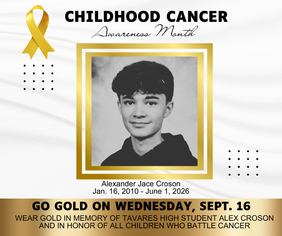 Black and white photo of a young man with the text "Childhood Cancer Awareness Month" above and below. The name Alexander Jace Croson and dates are below.
