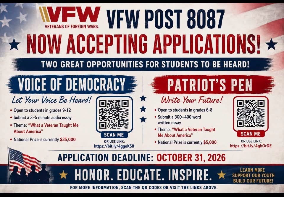 A poster with a blue and white background. It features two opportunities for students. "Patriot's Pen" and "Voice of Democracy" are listed.