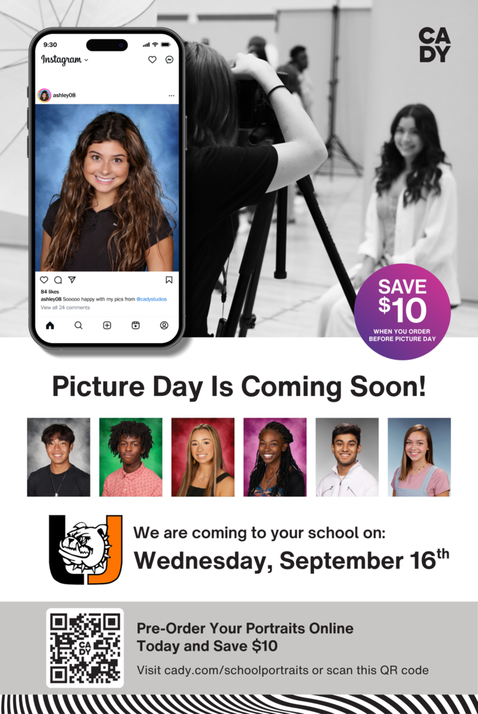 An ad displays a smartphone with a photo of a woman, a photo studio with people, and a group of students.