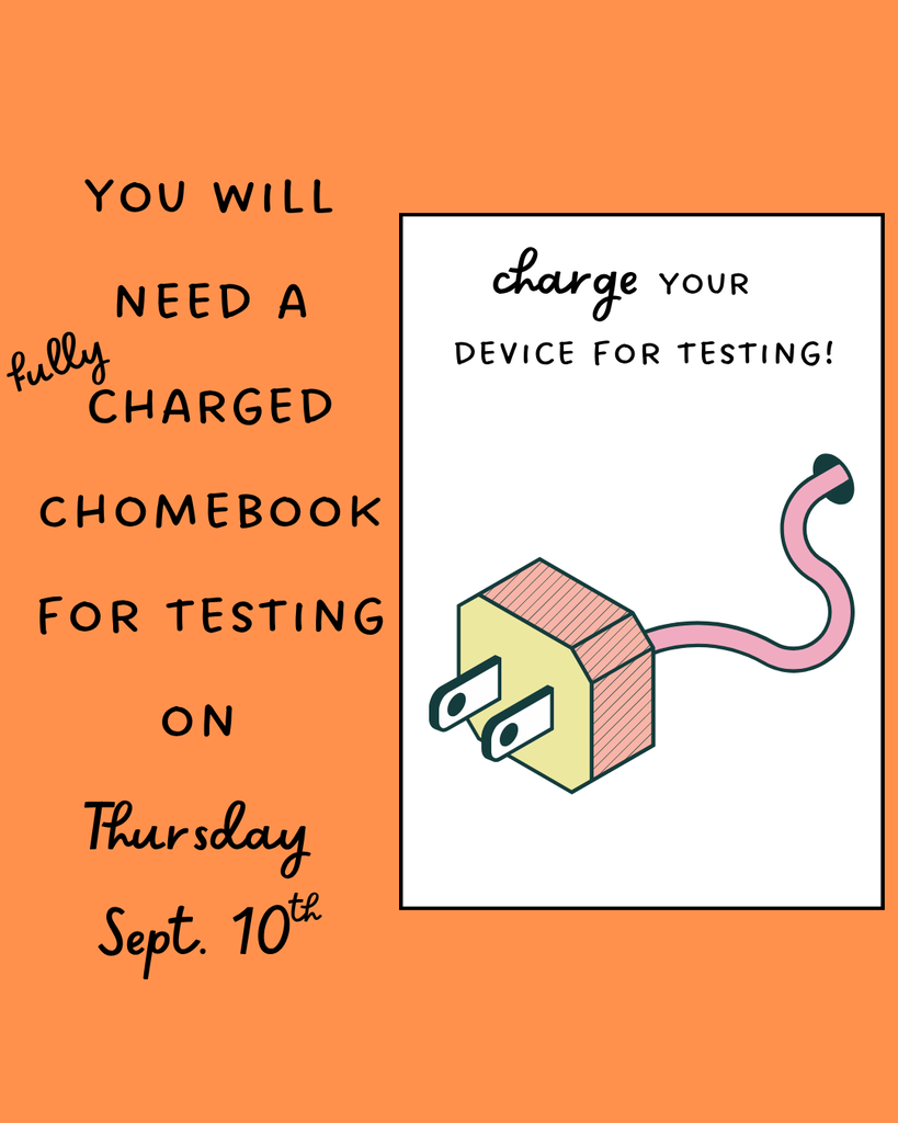 A reminder note in orange and white fonts. A cartoon plug is on the right. It reads, "Charge your device for testing!" Below is the date: Thursday, Sept. 10th.