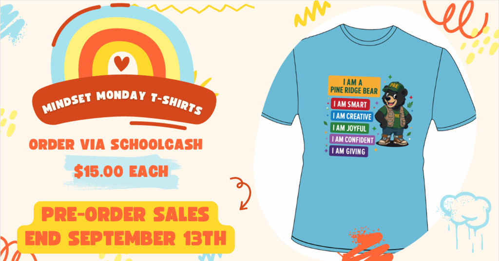 A blue t-shirt with a cartoon character and phrases like "I am creative". Text reads "MINDSET MONDAY T-SHIRTS" and "$15.00 each". Background has rainbow, clouds, and speech bubbles.