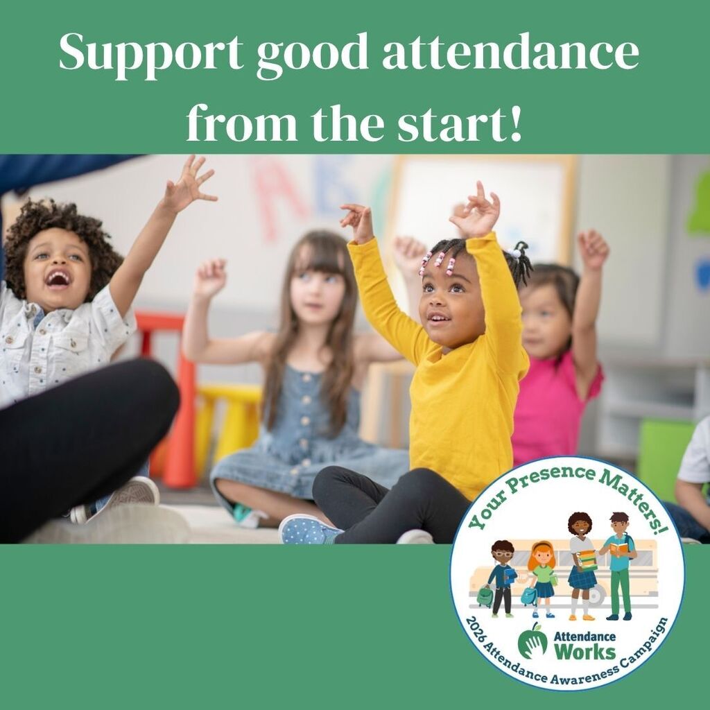 Children seated in a classroom, raising their hands. A text overlay reads, "Support good attendance from the start!"