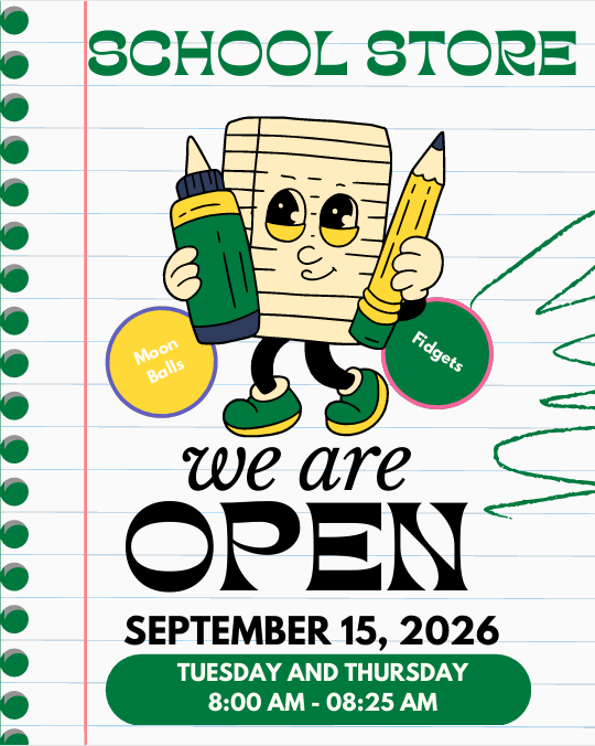 A poster features a cartoon pencil case with eyes holding a pencil and marker. Text reads "SCHOOL STORE we are OPEN SEPTEMBER 15, 2026".