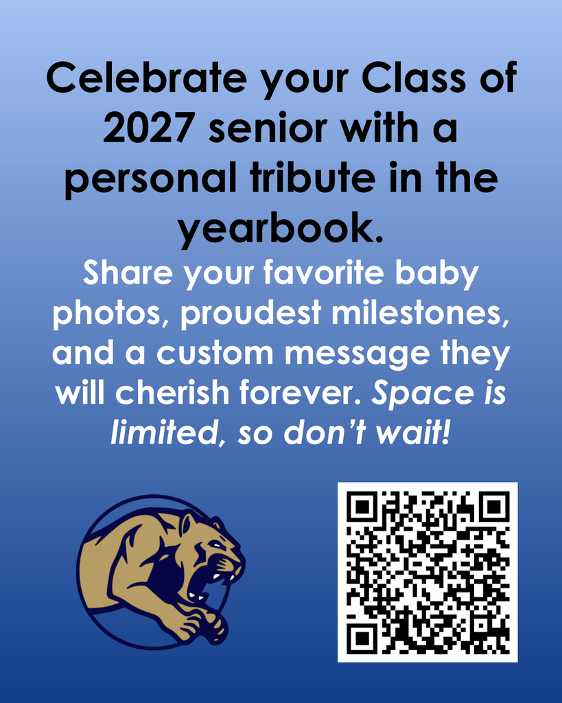 An advertisement invites individuals to celebrate the 2027 senior class with a personal tribute in the yearbook. It shows a QR code and an illustration of a roaring lion.