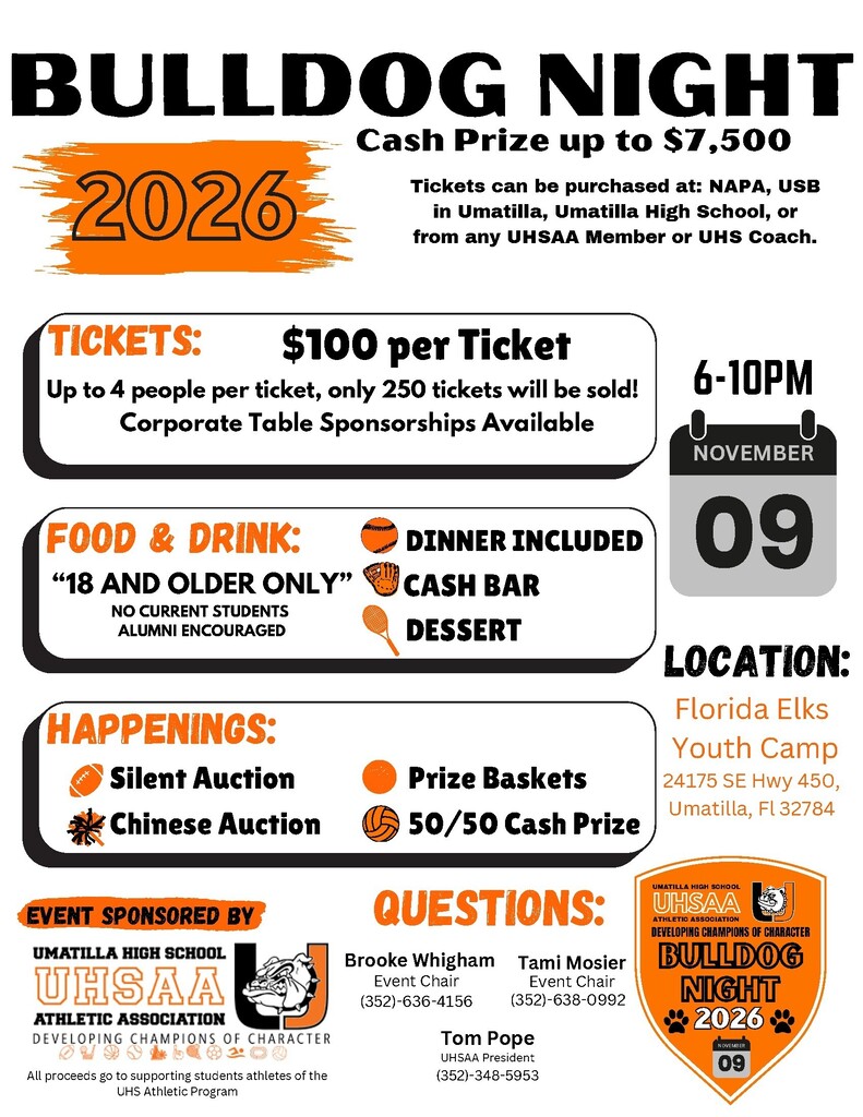 A poster for Bulldog Prize Night 2026 with ticket price, time, and event details. Food and drink included. Location: Florida Elks Youth Camp.