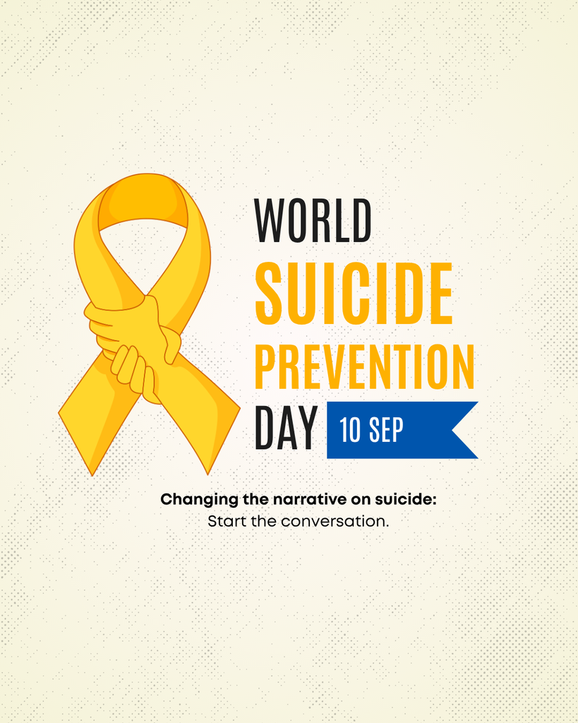 Yellow ribbon symbolizing unity, "World Suicide Prevention Day" text, date "10 SEP" and a blue banner. Background is beige.